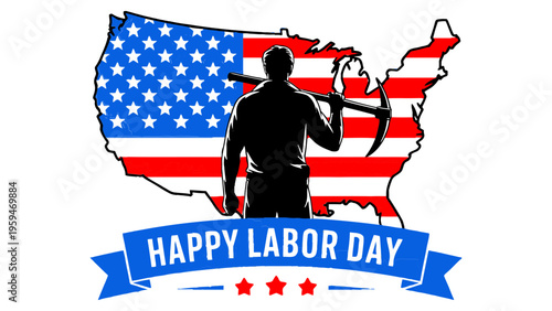 Happy Labor Day USA Map with American Flag and Worker Carrying Tool Vector