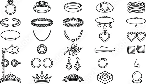 Jewelry icons, 25 black line art symbols, crown, earrings, rings, necklace, brooches, pendants