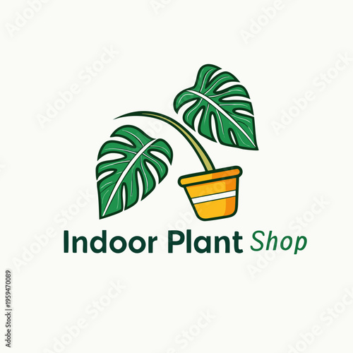 Indoor plant shop logo with monstera leaves with potted plant