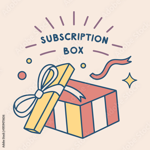 Hand drawn subscription box icon with ribbon and stars with gift box