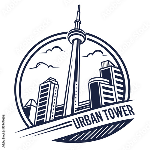 Urban tower skyline icon with clouds and circles with city skyline