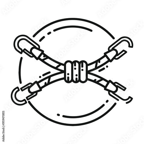 Black and white illustration of crossed ratchet straps with hooks inside a circular outline on white background symbolizing secure transport and heavy lifting