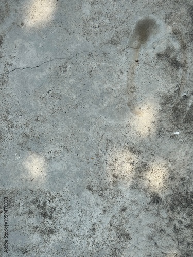 Overhead shot of a cracked concrete pavement featuring dappled sunlight shadows and an organic dark stain