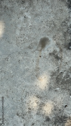 Straight-on capture of a rough grey cement surface marked by a distinct rounded liquid drip stain.