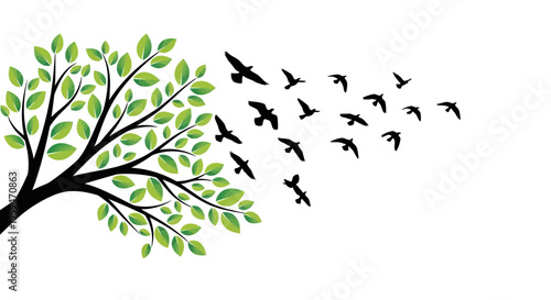 Nature Illustration of a Tree with Green Leaves and Black Bird Silhouettes Flying Away, Concept of Freedom and Migration on White Background