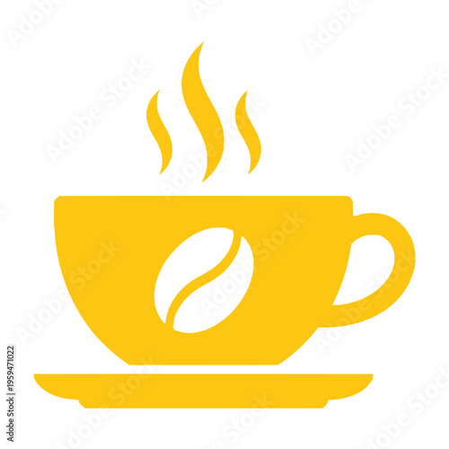 Hot coffee cup icon with coffee bean design on simple white background yellow color graphic element for beverage and caffeine concepts
