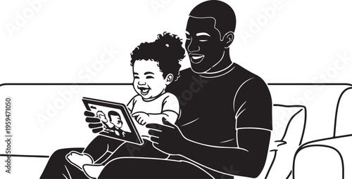 Happy black mother, father, and son hugging and spending time together. Family against the backdrop of an abstract heart. Hand-drawn vector illustration.