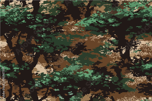 a digital camouflage pattern with green, brown, and black colors, designed for military or army uniforms.
