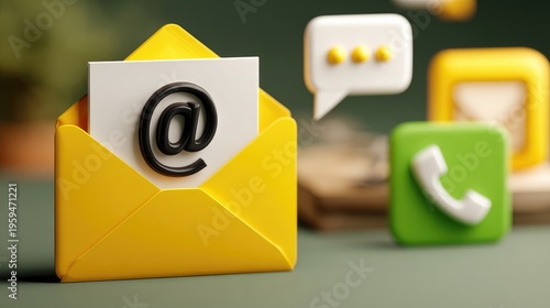 Modern Yellow Envelope with Email Symbol and Contact Icons