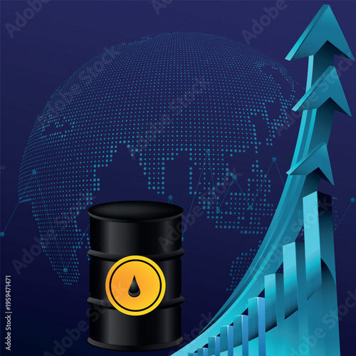 Global Oil Price Rise Graph with Upward Blue Arrows and Crude Oil Barrel over Dotted World Map Background, Energy Market Inflation and Economy Growth Concept
