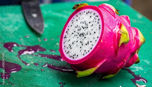 Sliced dragon fruit with purple juice splashes on a green surface in a rustic market setting.