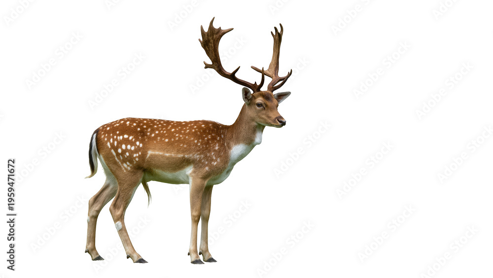 Obraz premium Beautiful spotted male fallow deer stag with impressive antlers standing gracefully