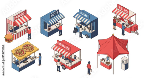 Isometric Street Food Stalls and Carts Collection: Burger, Sushi, Pizza, and Juice Kiosks for Festival and Outdoor Market Illustration