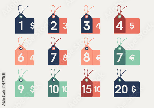 Set of Modern Flat Price Tags and Labels with Currency Symbols for Retail and E-commerce Promotions