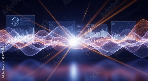 Indigo orange wave patterns, soft volumetric lighting, holographic layers, light streaks, soft reflections, modern business economy display.