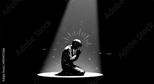 Person kneeling in spotlight with halo effect expressing emotions of hope and desperation