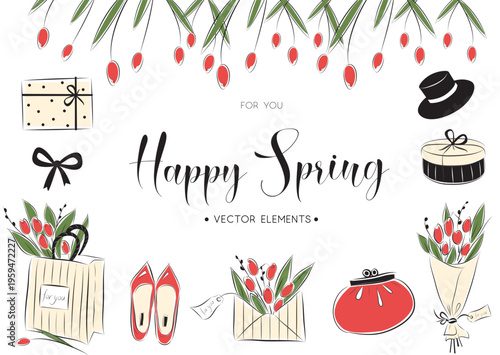 Vector graphic set of spring tulips and elements in red and black colors. Flat style gifts, bows, shoes, bouquets of flowers, hats. Specially designed for March 8th, birthday, and postcards.