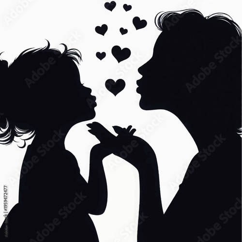 Mother and Daughter Silhouette Blowing Kisses and Floating Hearts