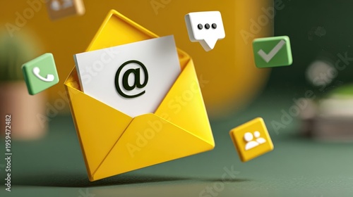 Modern Yellow Envelope with Email Symbol and Contact Icons