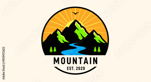 Retro Mountain Adventure Logo Badge with Sun, River, and Pine Trees - Vintage Outdoor Nature Emblem for Camping and Hiking