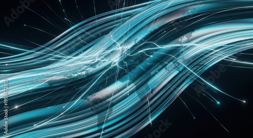 Cyan teal wave patterns, holographic layers, light streaks, world map silhouettes, cinematic contrast, professional economy growth visuals.