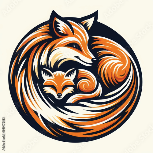 Stylized Mother and Baby Fox Illustration. Circular Vintage Emblem Design of Two Curled Foxes.