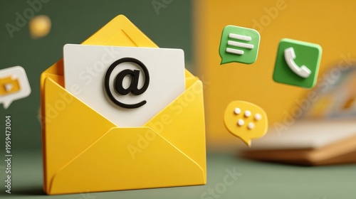 Modern Yellow Envelope with Email Symbol and Contact Icons