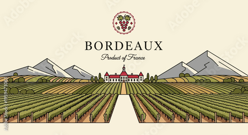 Bordeaux French Vineyard Illustration with Chateau and Mountains for Wine Label Design