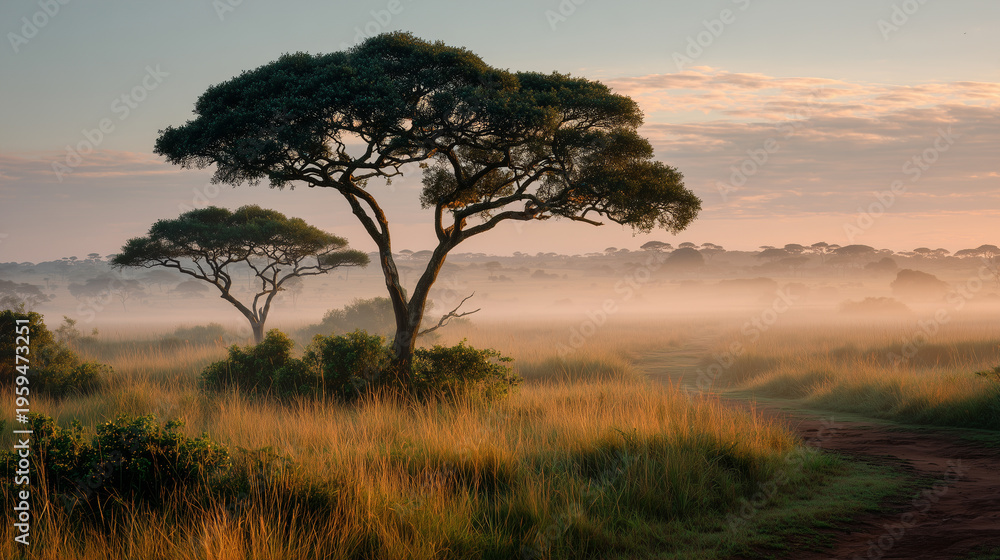 Fototapeta premium sunset and trees on the grassland