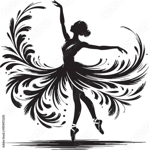 a beautiful black silhouette of a ballerina dancing with a dynamic flowing skirt on a white background, perfect for marketing, advertising, or educational materials