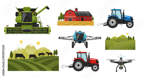 Modern Farming Equipment Icon Set: Tractor, Combine Harvester, Drone, Barn, and Rural Landscapes Vector Illustration for Smart Agriculture