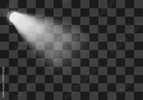 Intense white light beam projecting through dusty air particles on a dark checkered background
