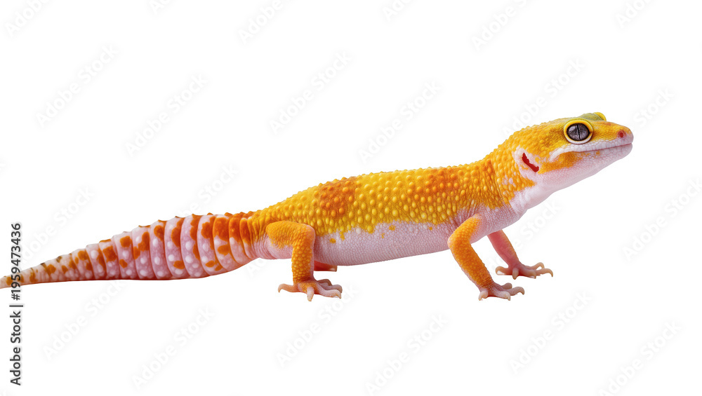 Fototapeta premium A beautiful colorful leopard gecko with striking orange and yellow scales, reptile portrait