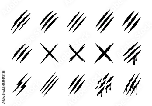 Black Claw Marks and Animal Scratch Icons Set; Monster Slash, Rip Effects, and Wild Predator Scrape Marks Isolated on White Background