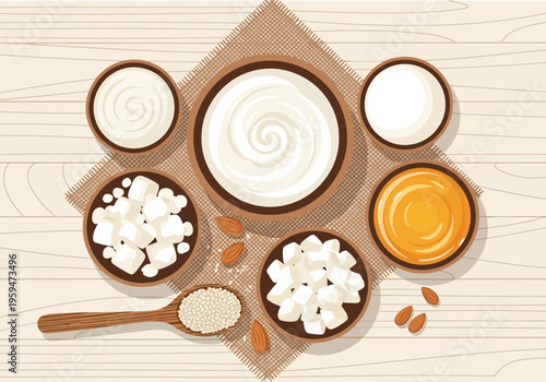 Flat Lay Vector Illustration of Healthy Dairy Products, Yogurt, Cheese, Honey, and Almonds on Wooden Background
