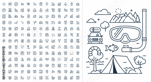 Vector Travel and Camping Line Icon Set for Outdoor Adventure and Nature Tourism. Minimalist Outline Illustrations for Hiking, Road Trips, and Summer Vacation Concepts.