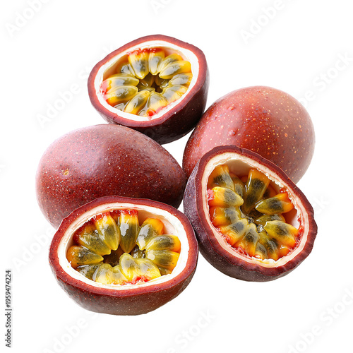 Passion Fruit Halves – Dark Red Shell with Yellow and Green Segments on White Background for Food Blogs and Healthy Recipes