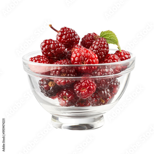 Raspberry Bowl PNG – Ripe Red Berries with Green Leaves on Transparent Background for Food Blog Graphics and Recipe Cards