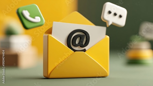 Modern Yellow Envelope with Email Symbol and Contact Icons