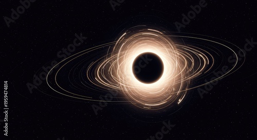 Cosmic abstract rendering of gravitational pull showing curved light paths and spacetime distortion around an invisible massive core in deep space, spiral, powerful, curvature