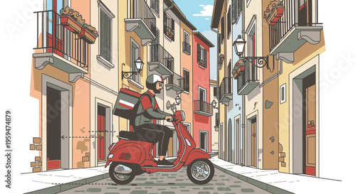 Delivery person riding a red scooter through a narrow European city street with colorful buildings and balconies.