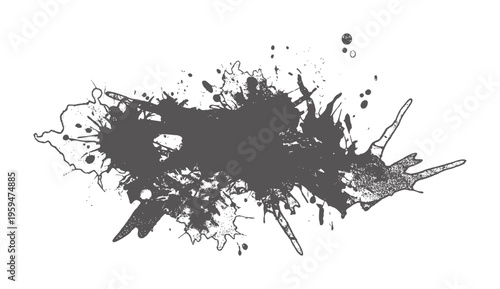 Dark gray ink splatter with textured edges and small droplets abstract black blob