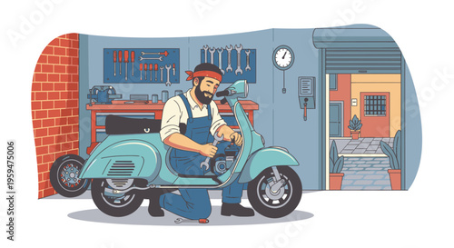 Illustration of a mechanic working on a scooter in a garage with tools and a brick wall, conveying a busy and industrious mood.