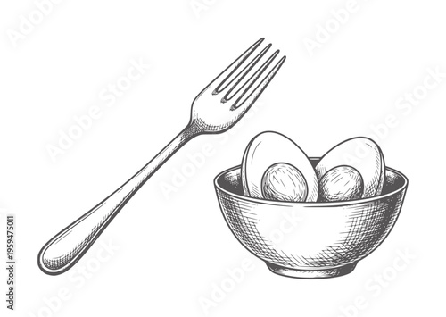 Hand drawn fork and bowl of halved hard boiled eggs food breakfast