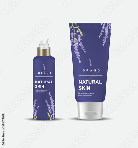Lavender skincare product packaging, natural skin care bottle and tube, purple floral design