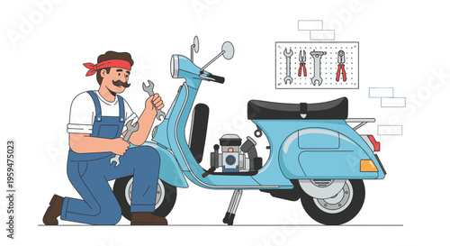 A cartoon mechanic kneeling beside a blue scooter, holding a wrench and consulting a diagram with tools, on a clean white background.