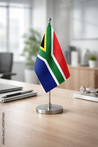 South African National Flag on Desk Stand in Modern Office Interior