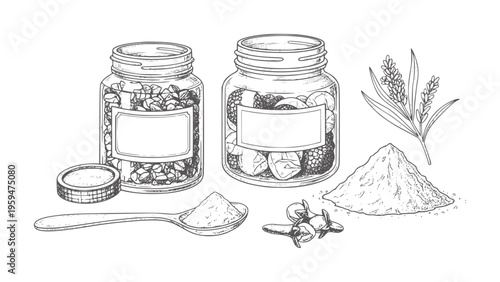 Hand drawn jars of spices and herbs with spoon and pile of powder