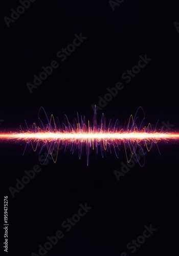 Dynamic spectral light waves diverging and spreading across a dark background, illustrating principles of signal processing or optics, spread, waveform, frequency