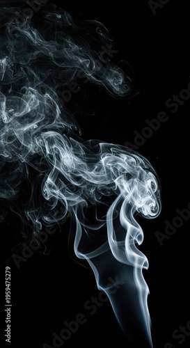 Dynamic plume of white and gray smoke swirling rapidly, creating complex, ghostly shapes and textures against a deep black background, movement, smoke, gray